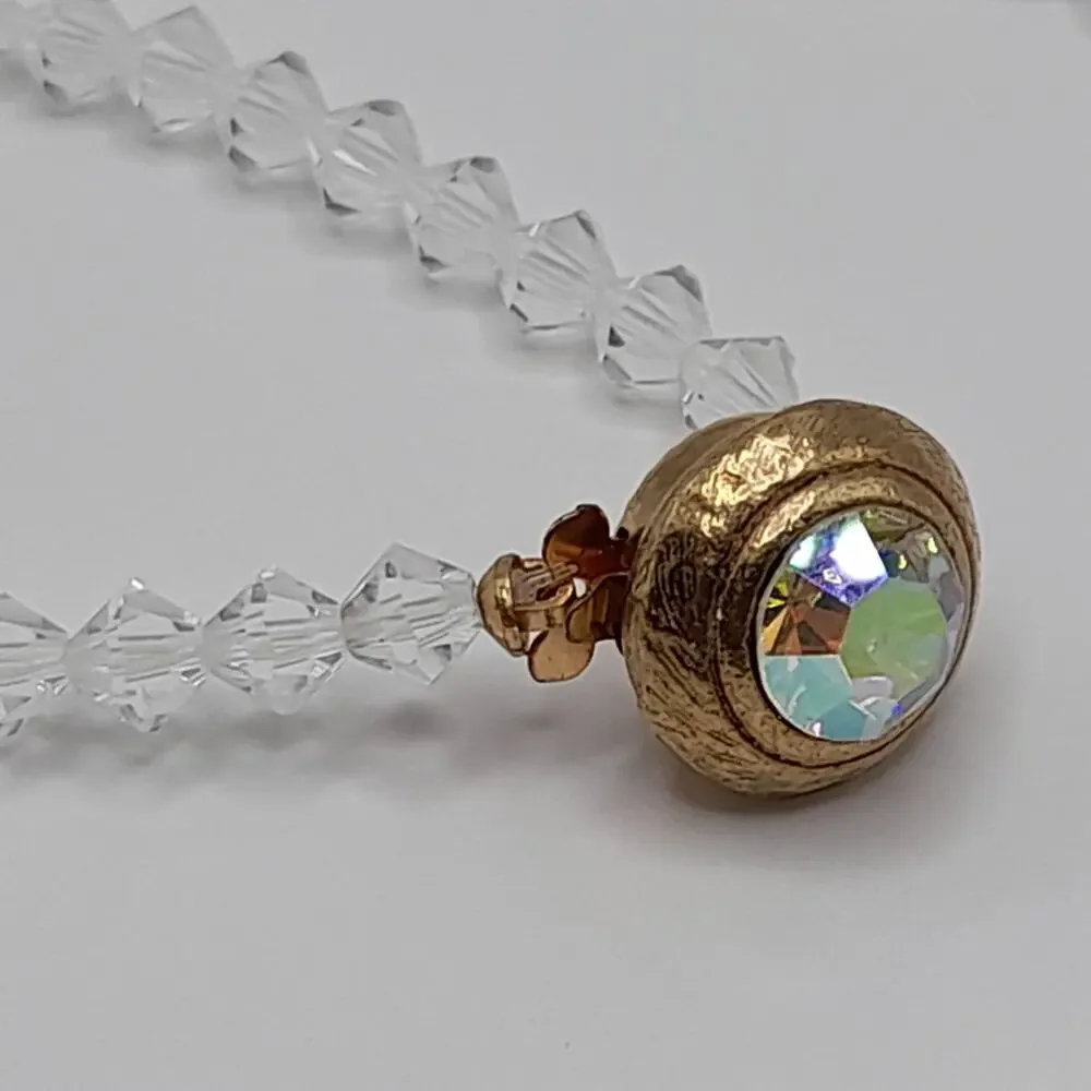 Vintage 1960s Crystal Faceted Pendant Necklace, AB Rhinestone Box Clasp, 17 Inch